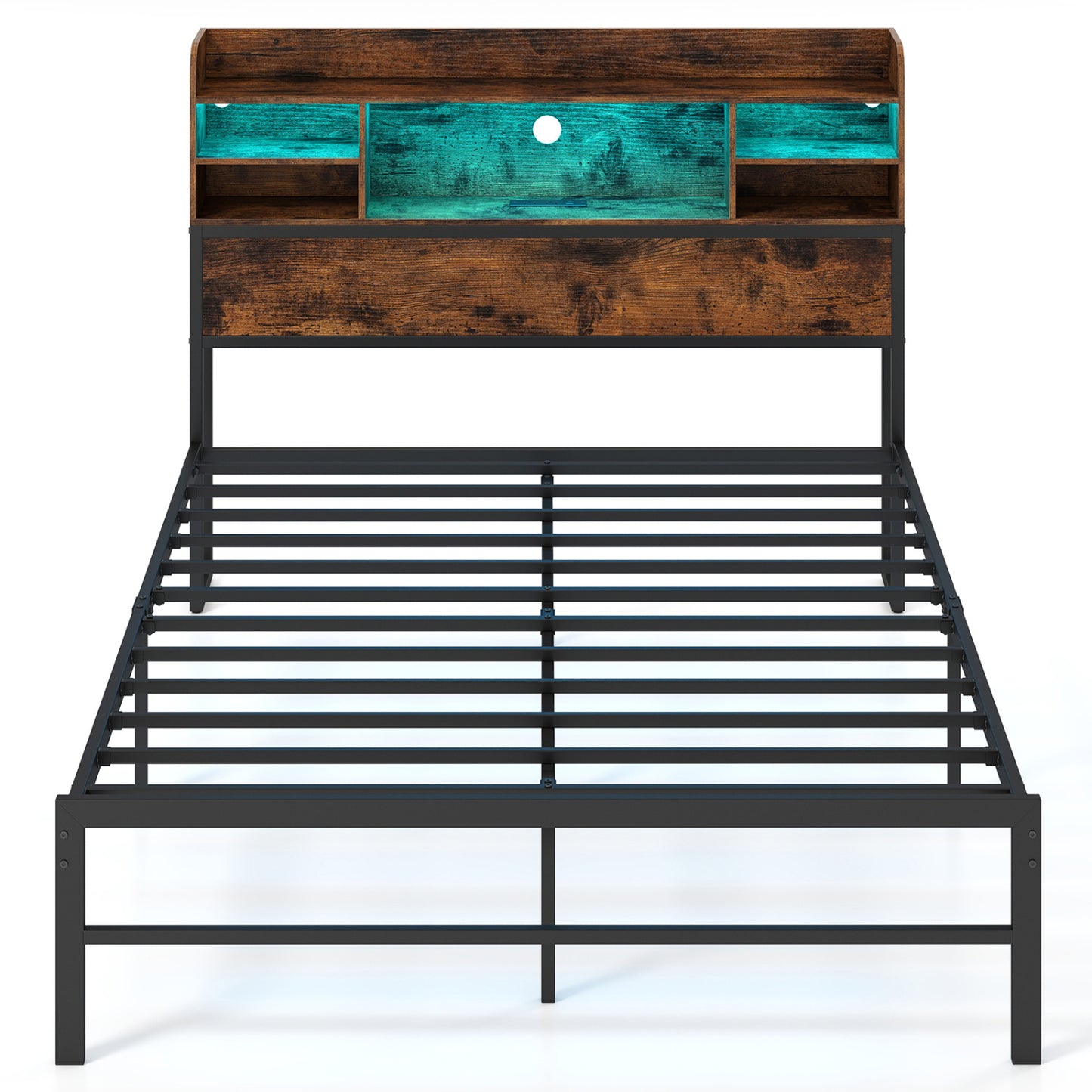 Full Size Bed Frame with LED Lights, Charging Station, Rustic Brown Simple Bed Frame at Gallery Canada