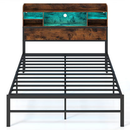 Full Size Bed Frame with LED Lights, Charging Station, Rustic Brown Simple Bed Frame at Gallery Canada