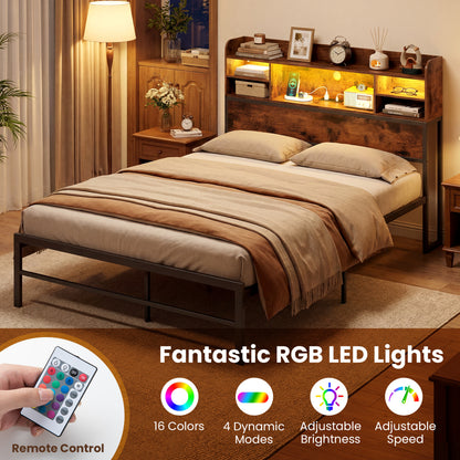 Full Size Bed Frame with LED Lights, Charging Station, Rustic Brown Simple Bed Frame at Gallery Canada