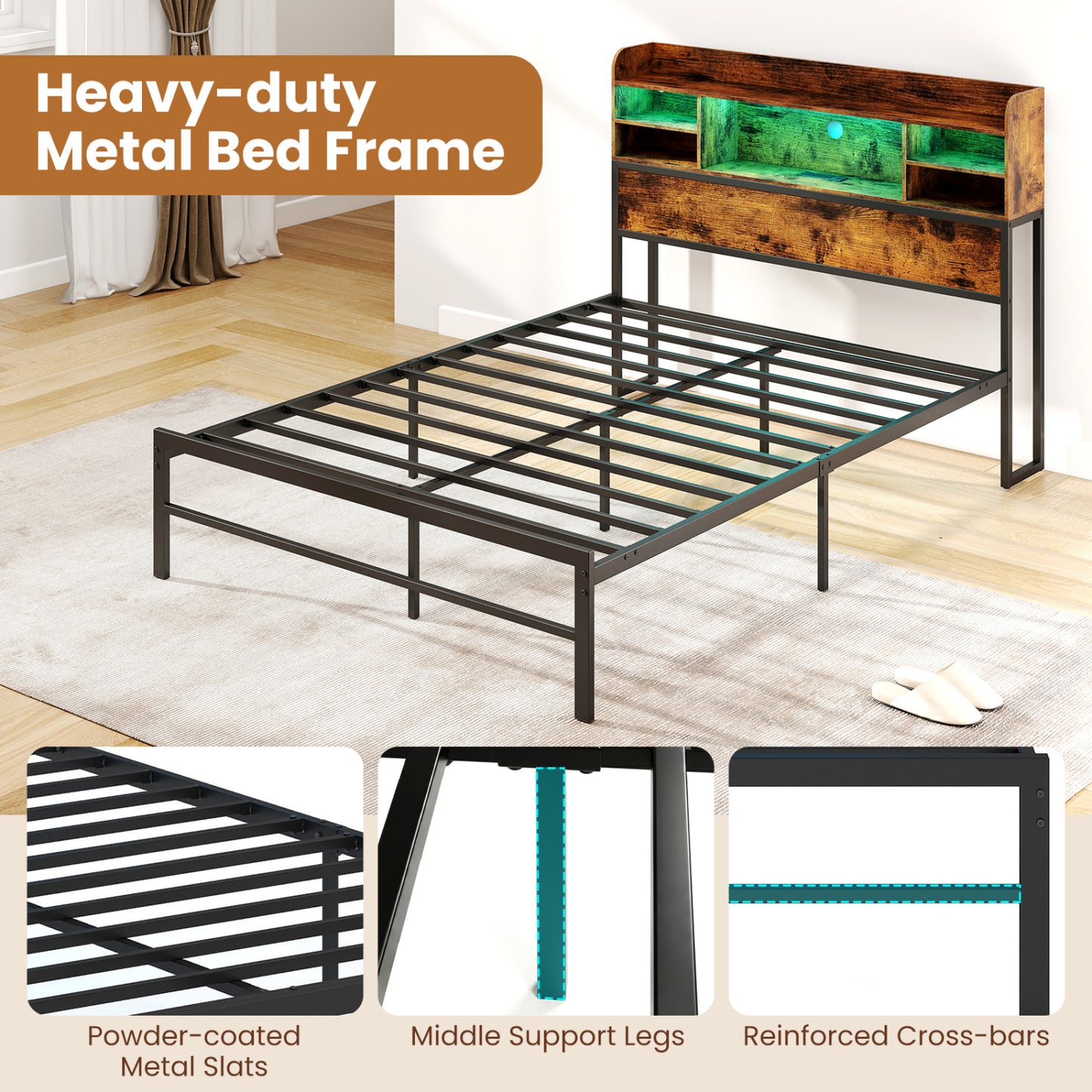 Full Size Bed Frame with LED Lights, Charging Station, Rustic Brown Simple Bed Frame at Gallery Canada