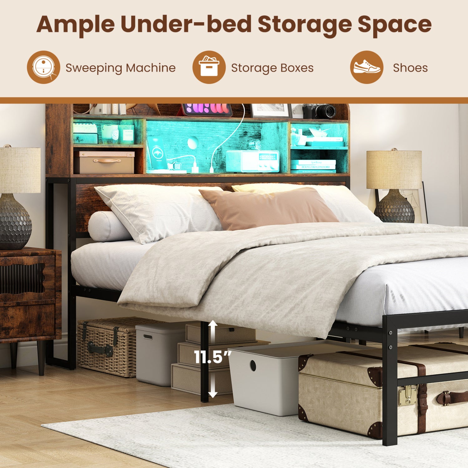 Full Size Bed Frame with LED Lights, Charging Station, Rustic Brown Simple Bed Frame at Gallery Canada