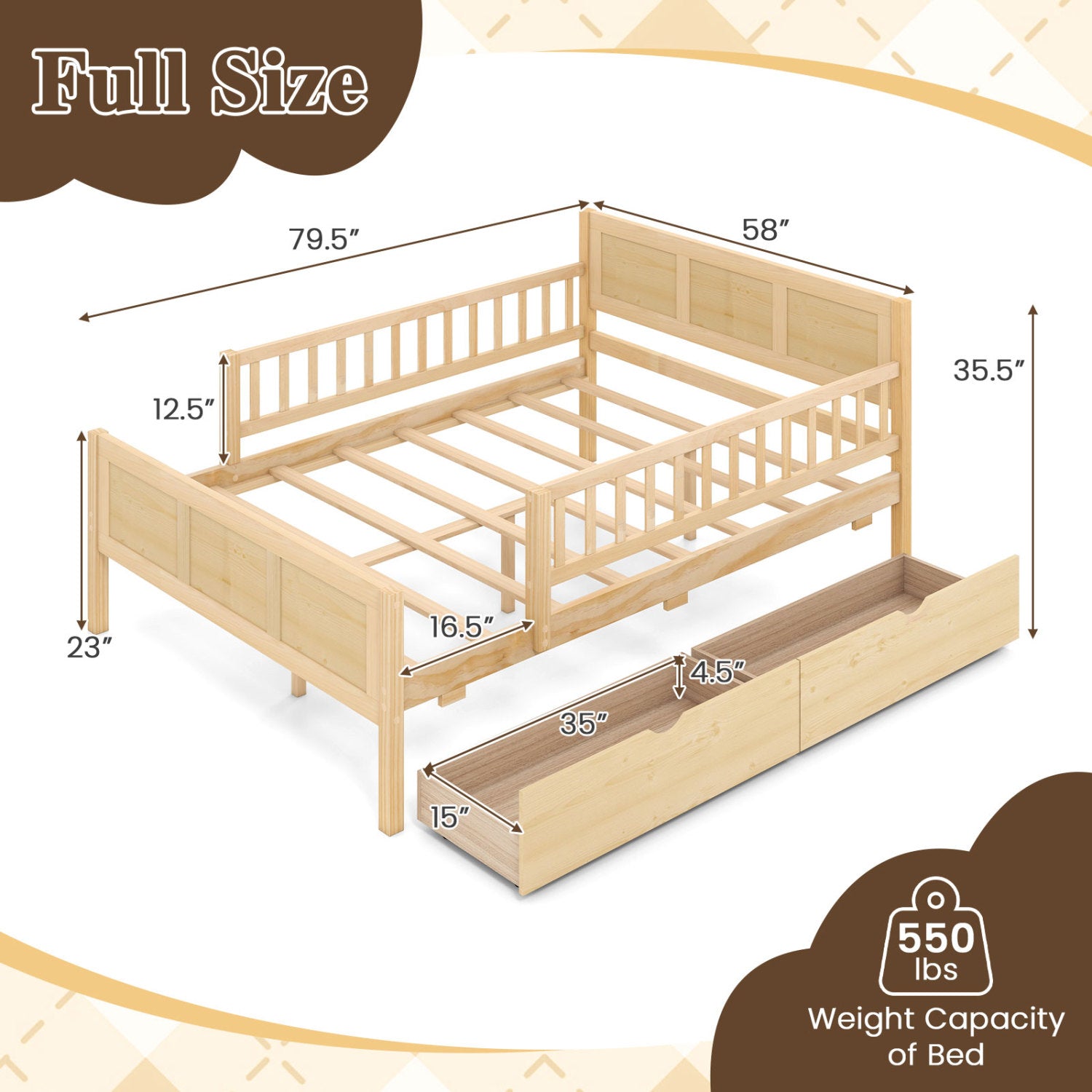 Full Size Bed Frame with Storage Drawers, Natural Trundle Bed Frame at Gallery Canada