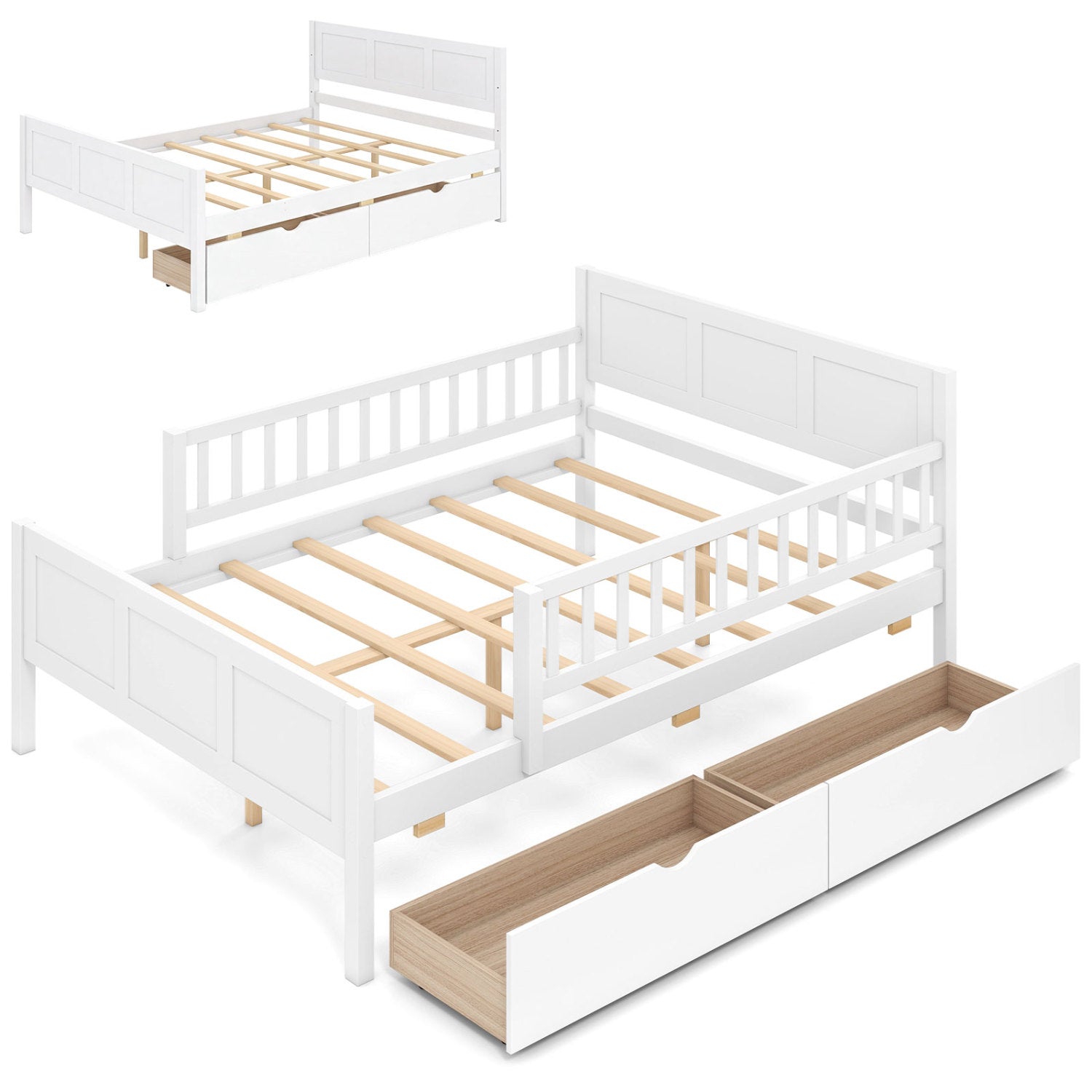 Full Size Bed Frame, Detachable Guardrails, White Trundle Bed Frame White at Gallery Canada