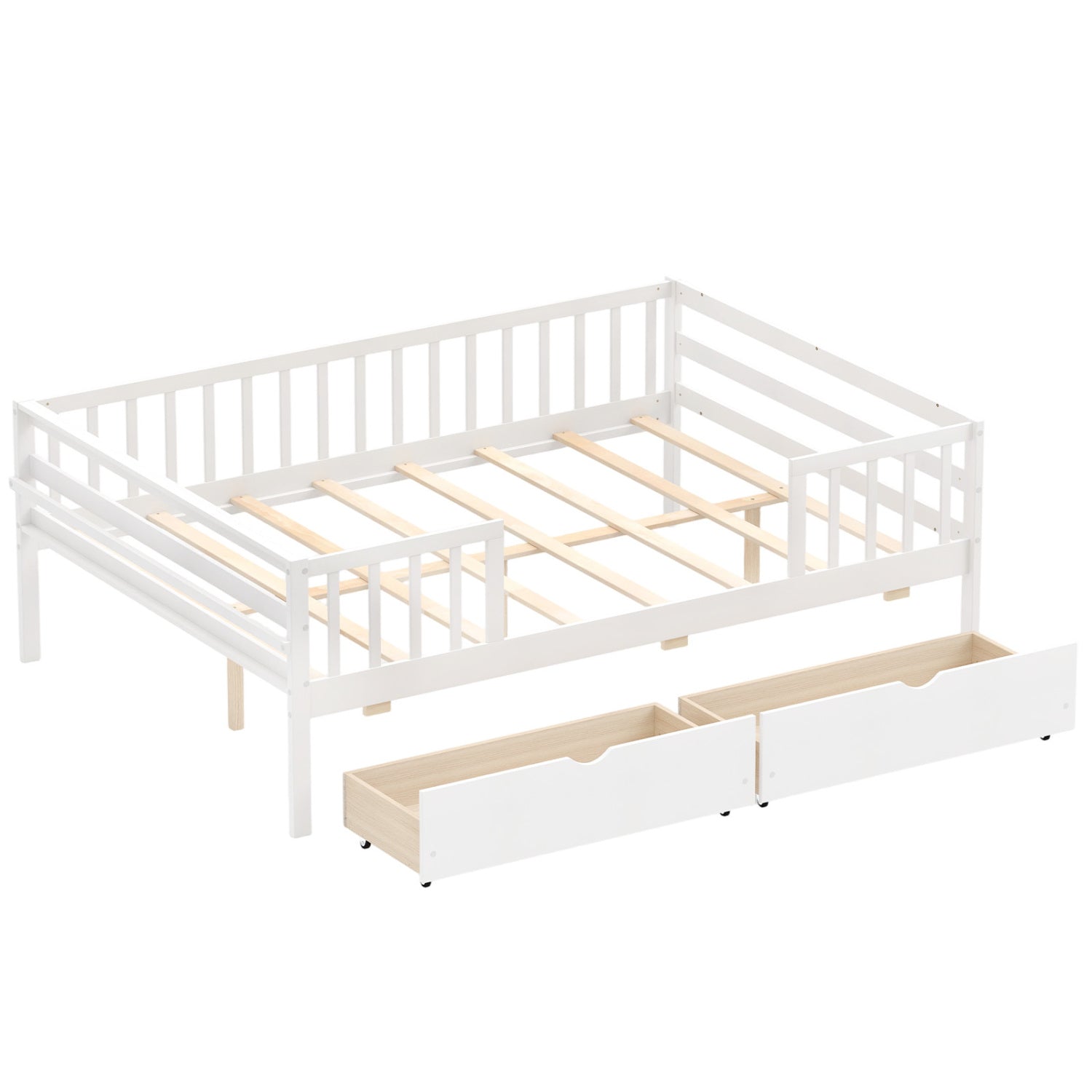 Full Size Daybed with Fence and 2 Drawers for Boys and Girls, White Trundle Bed Frame White at Gallery Canada