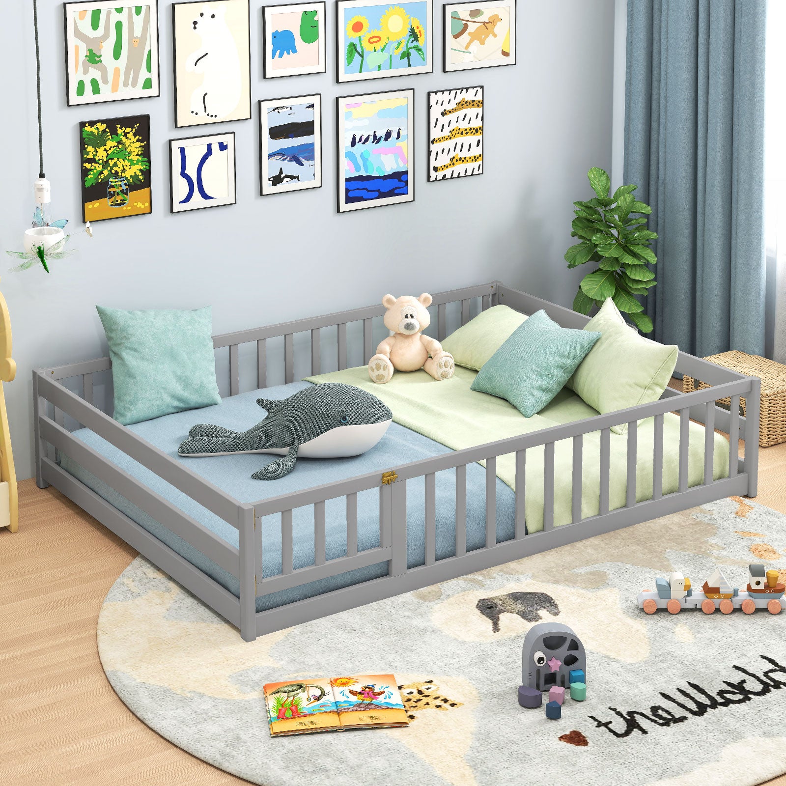 Full Size Floor Bed, Full Length Safety Guardrails, Gray Toddler Beds at Gallery Canada