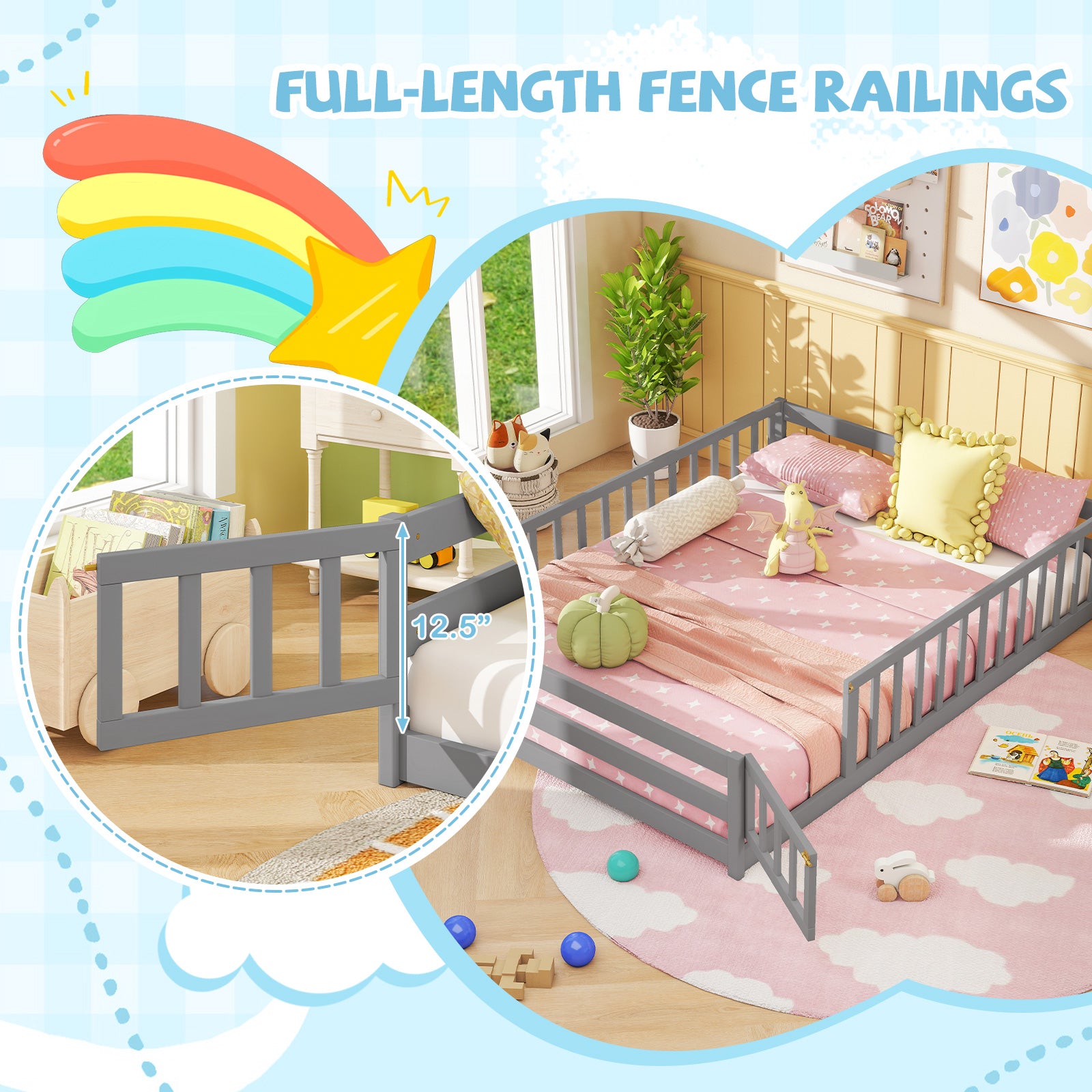 Full Size Floor Bed, Full Length Safety Guardrails, Gray Toddler Beds at Gallery Canada