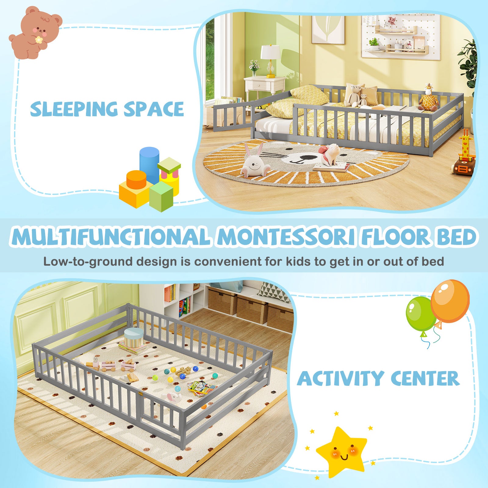 Full Size Floor Bed, Full Length Safety Guardrails, Gray Toddler Beds at Gallery Canada