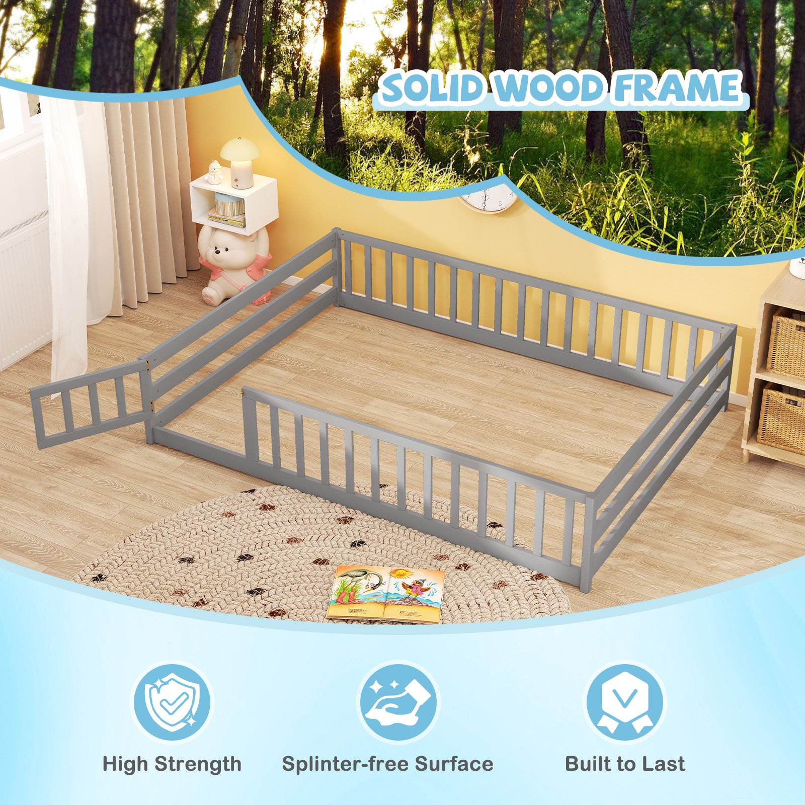 Full Size Floor Bed, Full Length Safety Guardrails, Gray Toddler Beds at Gallery Canada