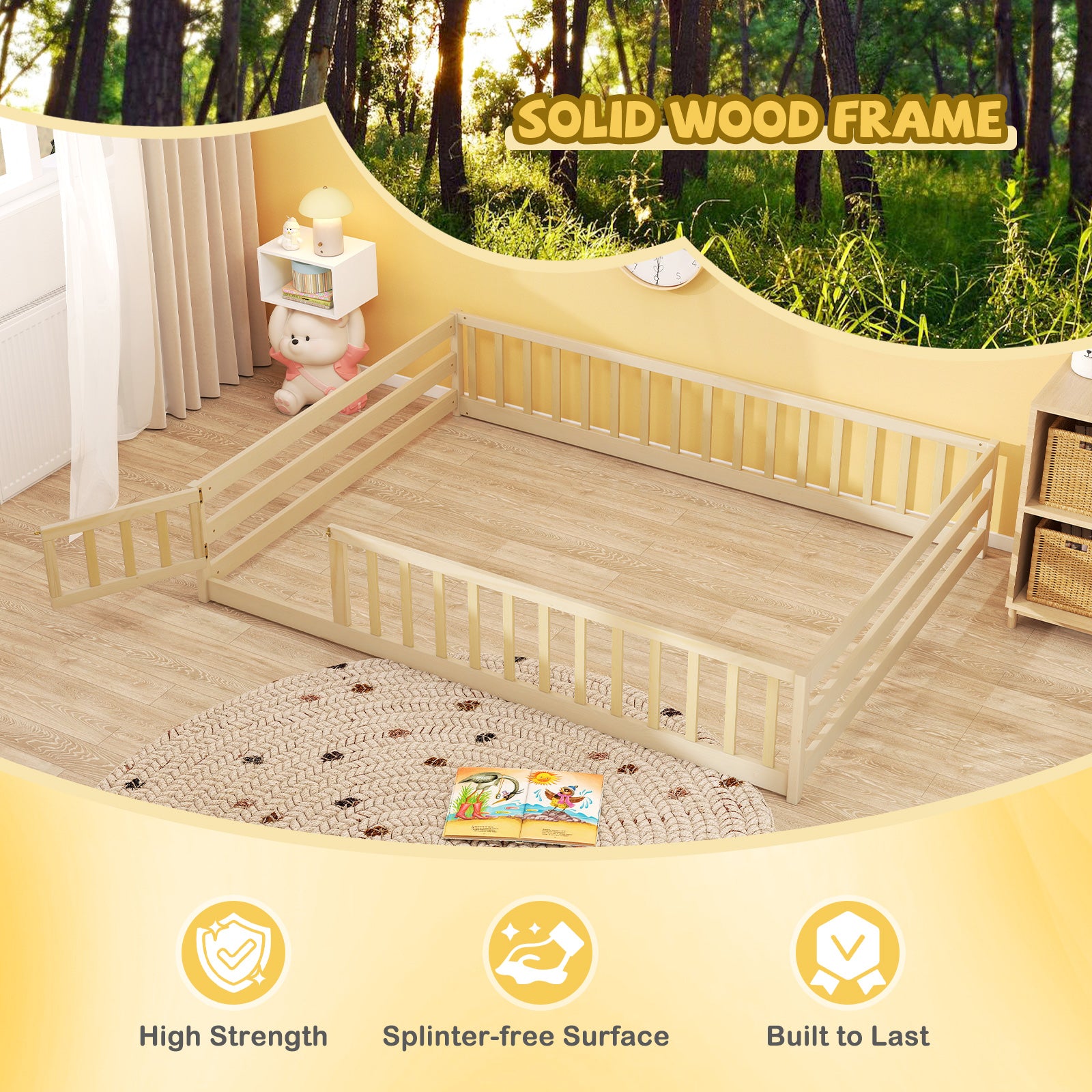 Full Size Floor Bed With Full Length Safety Guardrails, Natural Toddler Beds at Gallery Canada