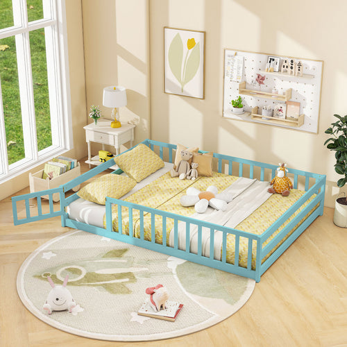 Full Size Floor Bed With Full Length Safety Guardrails, Dark Green