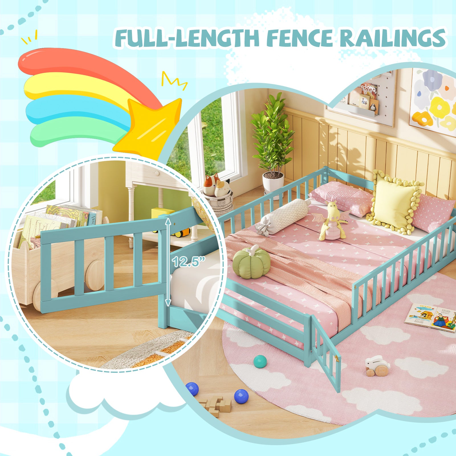 Full Size Floor Bed With Full Length Safety Guardrails, Dark Green Toddler Beds at Gallery Canada