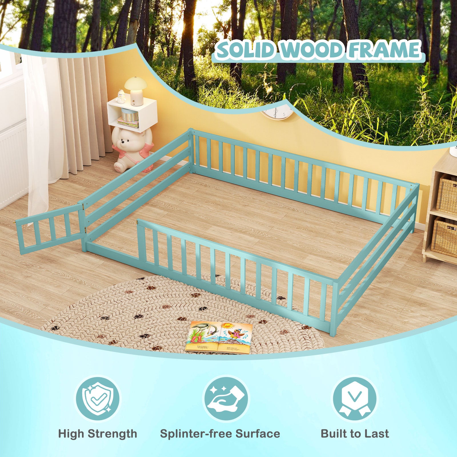 Full Size Floor Bed With Full Length Safety Guardrails, Dark Green Toddler Beds at Gallery Canada