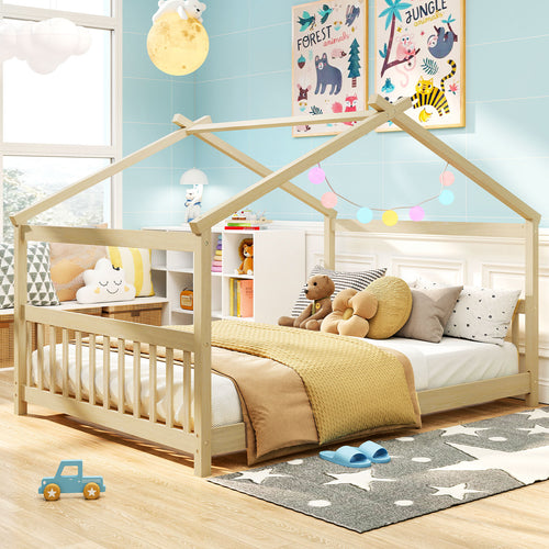 Full Size House Bed, Montessori Floor Bed With Headboard, Natural