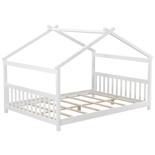 Full Size House Bed, Montessori Floor Bed With Headboard, White Simple Bed Frame White at Gallery Canada