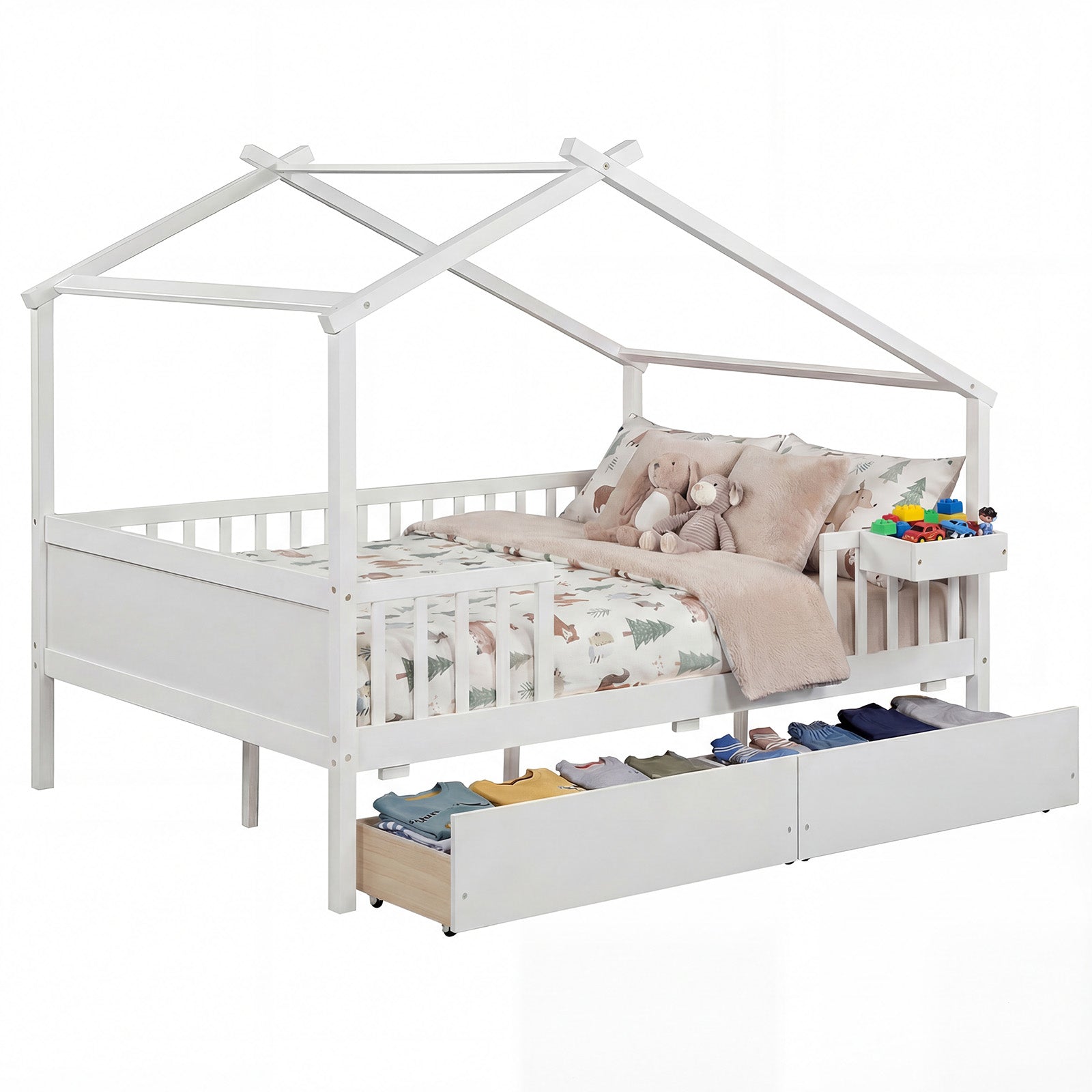 Full Size House Bed with Roof and Fence Rails for Kid, White Simple Bed Frame White at Gallery Canada