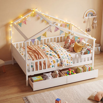 Full Size House Bed with Roof and Fence Rails for Kid, White Simple Bed Frame at Gallery Canada