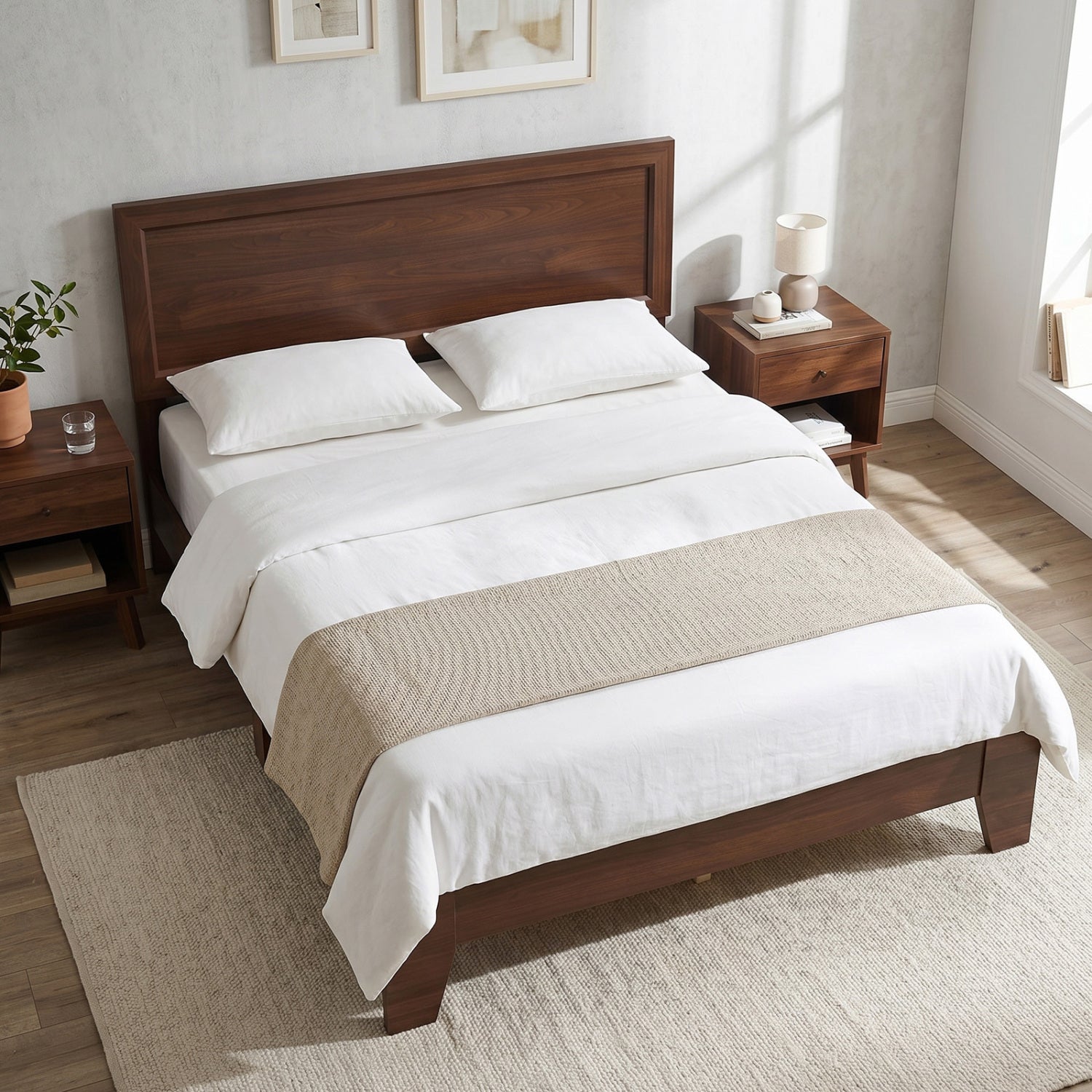 Full Size Modern Bed Frame with Headboard, Walnut Simple Bed Frame at Gallery Canada