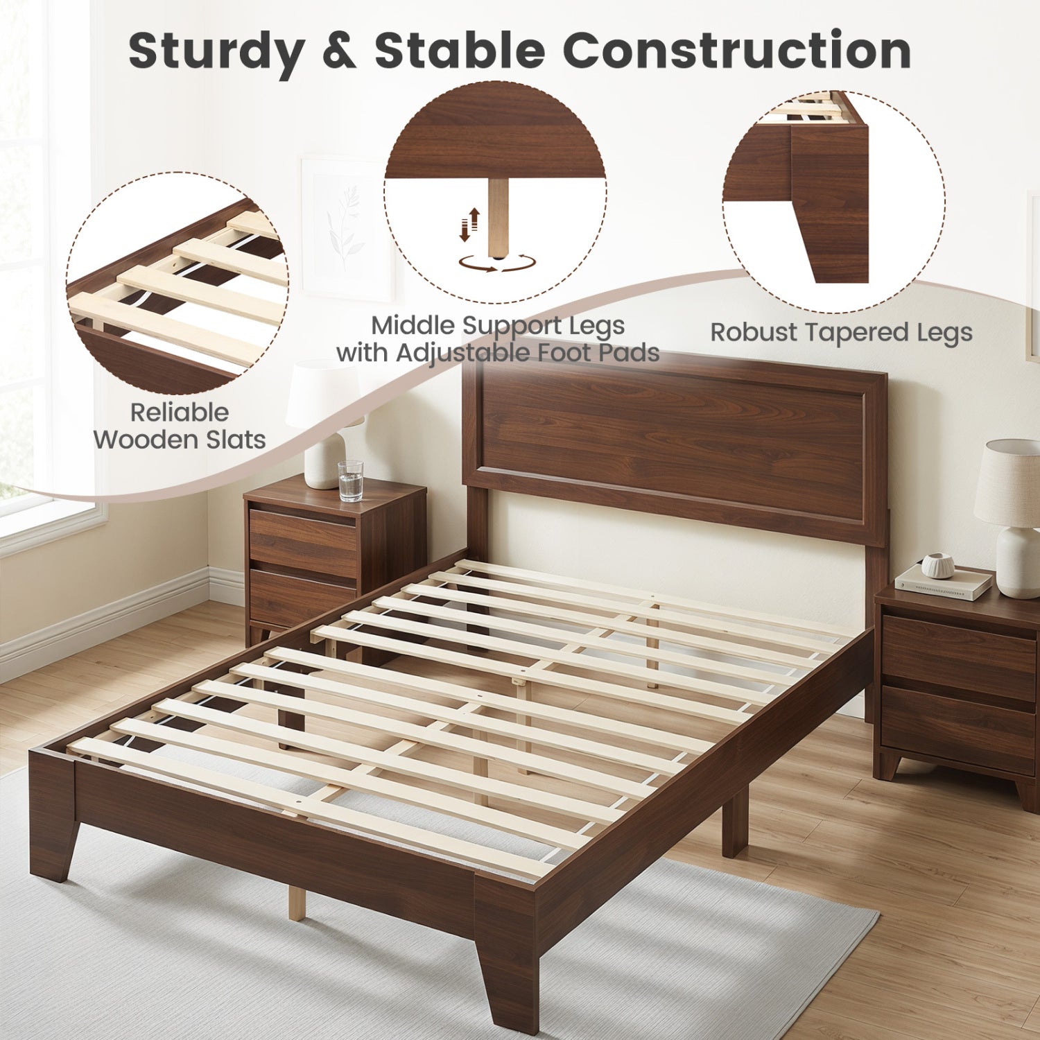 Full Size Modern Bed Frame with Headboard, Walnut Simple Bed Frame at Gallery Canada