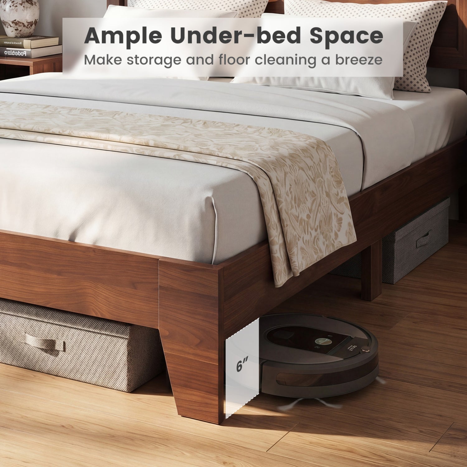 Full Size Modern Bed Frame with Headboard, Walnut Simple Bed Frame at Gallery Canada