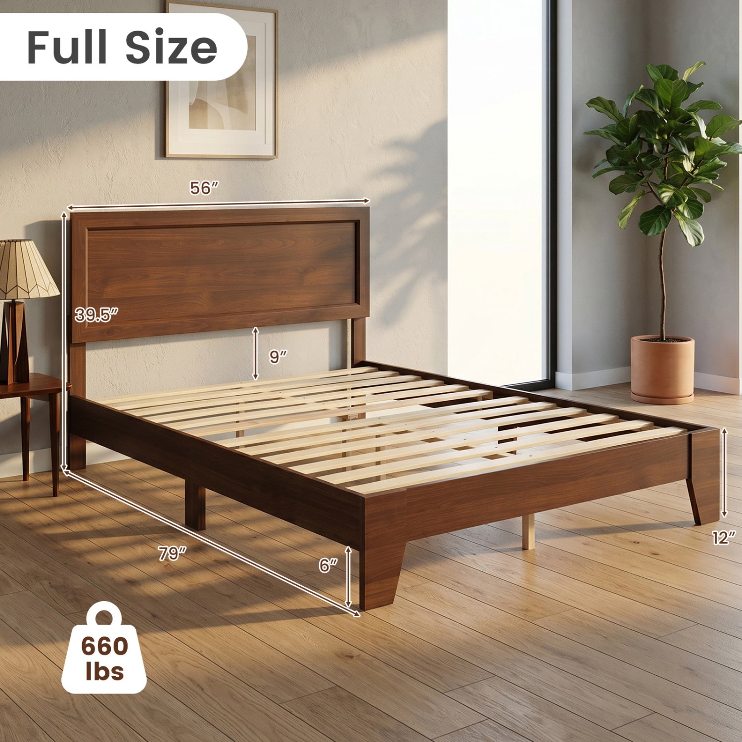 Full Size Modern Bed Frame with Headboard, Walnut Simple Bed Frame at Gallery Canada