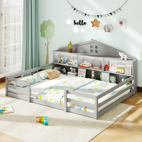 Full Size Montessori Floor Bed with Storage Compartments and Shelf, Gray