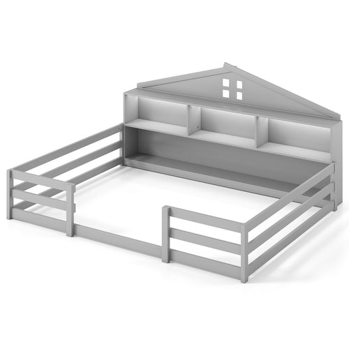 Full Size Montessori Floor Bed with Storage Compartments and Shelf, Gray