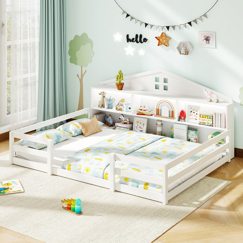 Full Size Montessori Floor Bed with Storage Compartments and Shelf, White