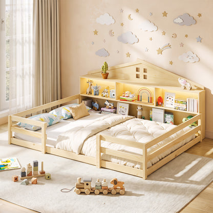 Full Size Montessori Floor Bed with Storage, Natural