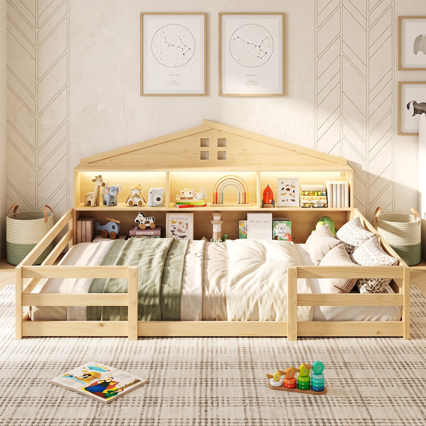 Full Size Montessori Floor Bed with Storage, Natural