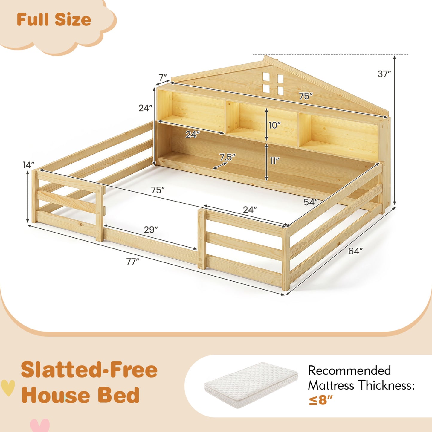 Full Size Montessori Floor Bed with Storage, Natural