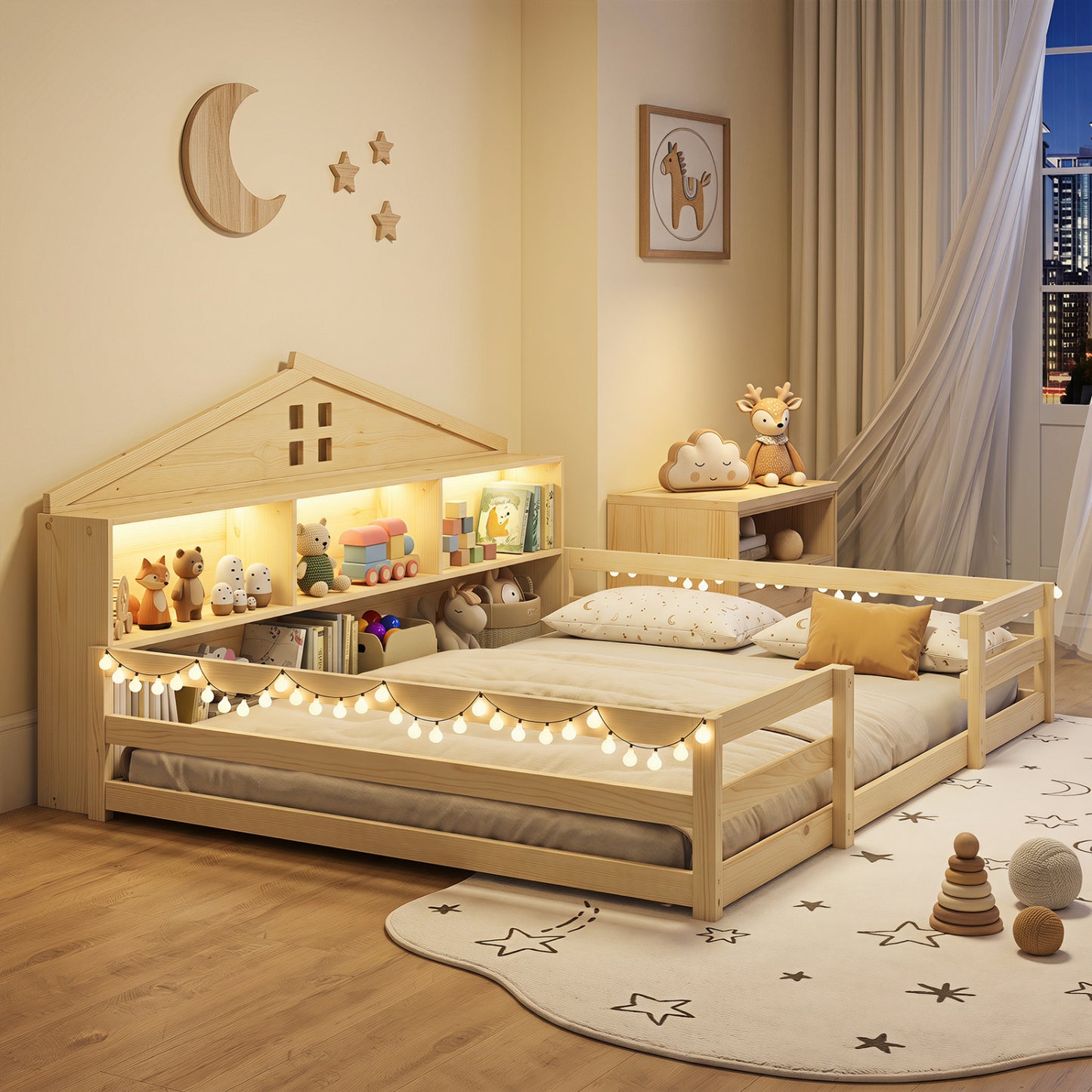 Full Size Montessori Floor Bed with Storage, Natural