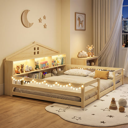 Full Size Montessori Floor Bed with Storage, Natural