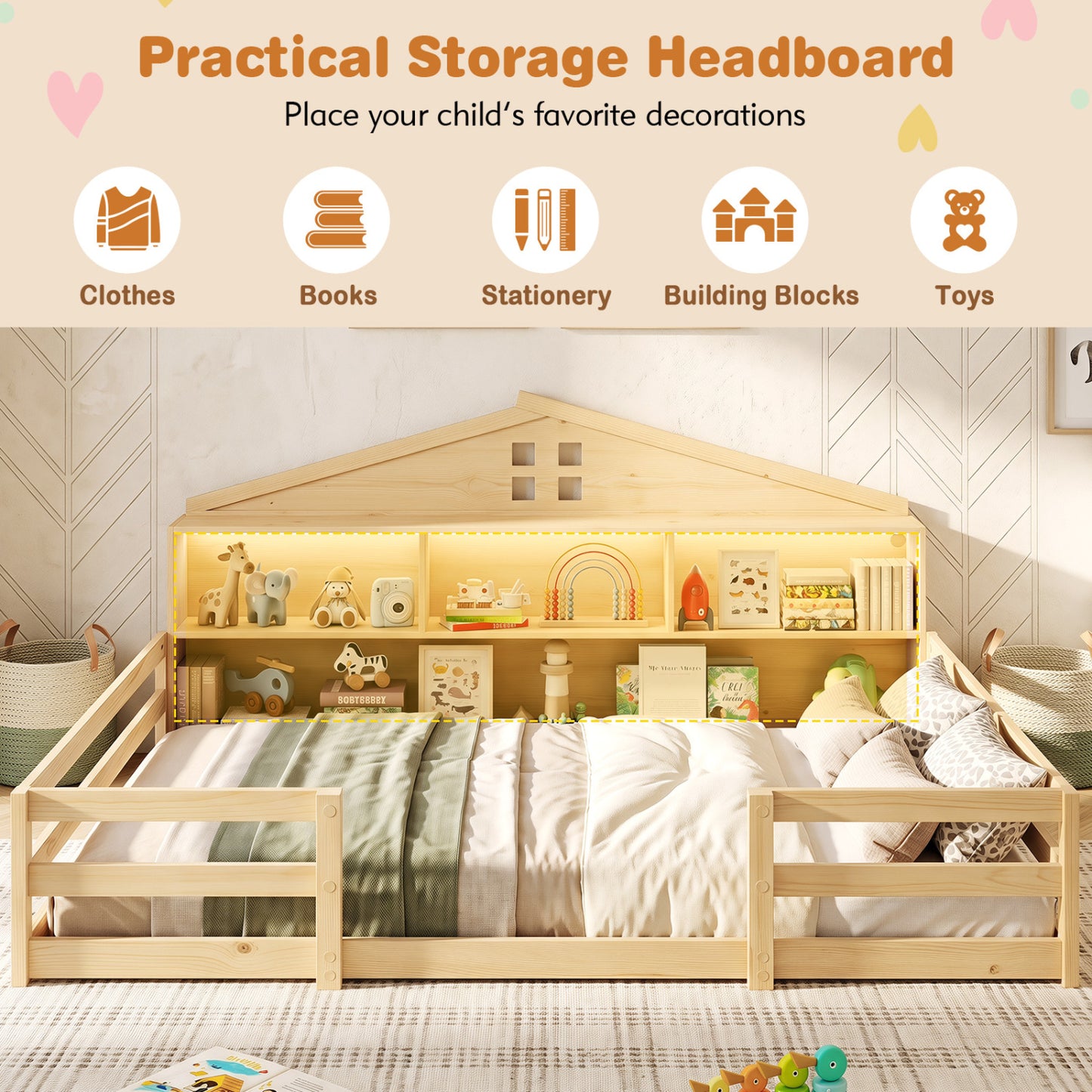 Full Size Montessori Floor Bed with Storage, Natural