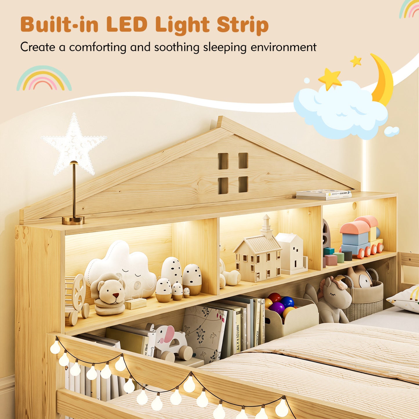 Full Size Montessori Floor Bed with Storage, Natural