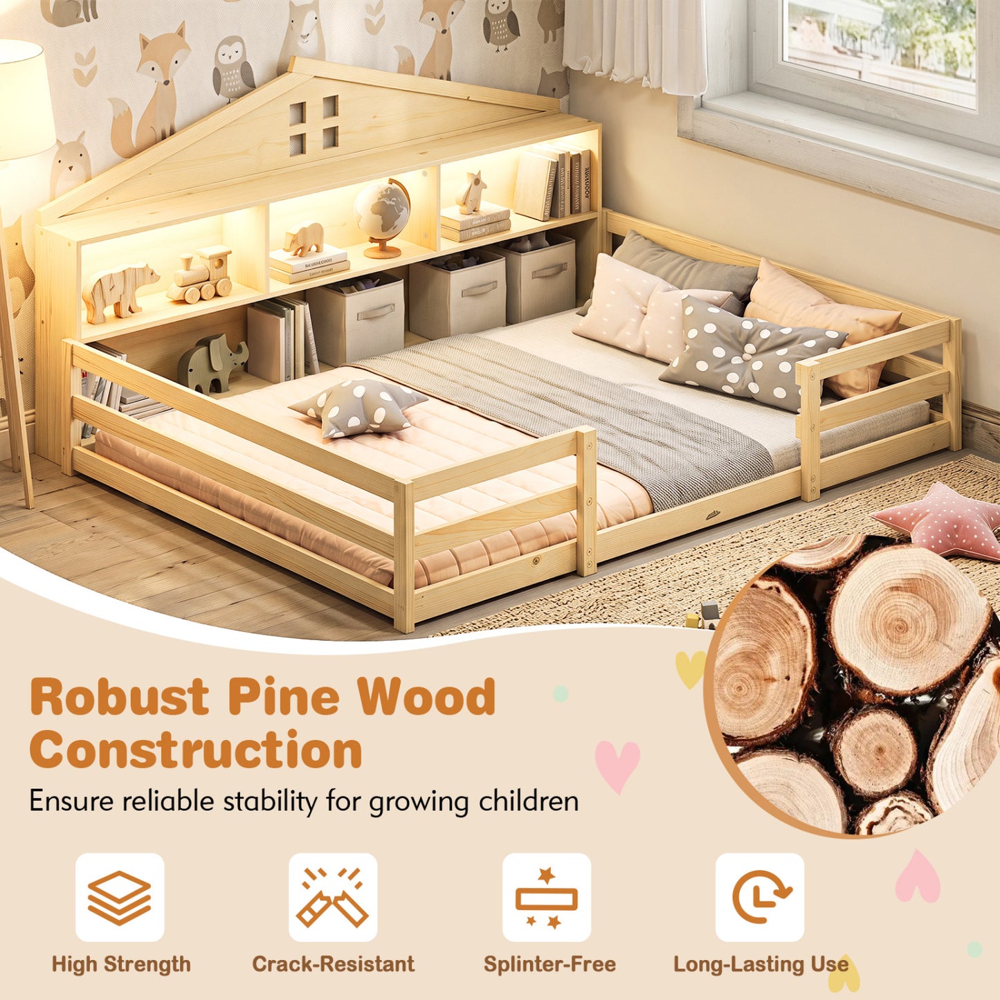 Full Size Montessori Floor Bed with Storage, Natural