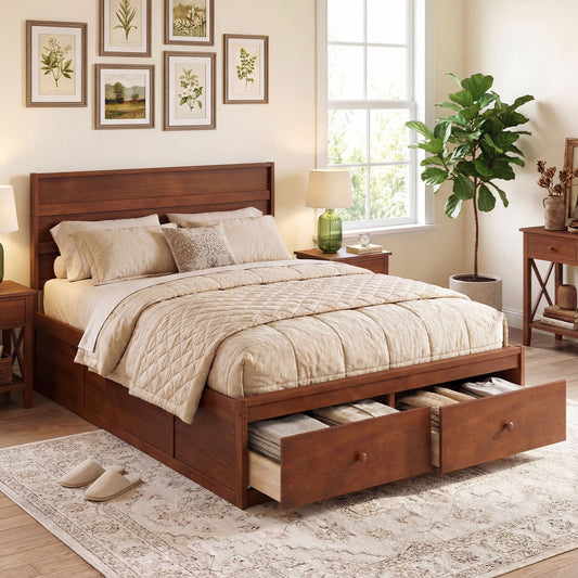 Full Size Wooden Platform Bed Frame with Drawers, Walnut Simple Bed Frame Walnut at Gallery Canada