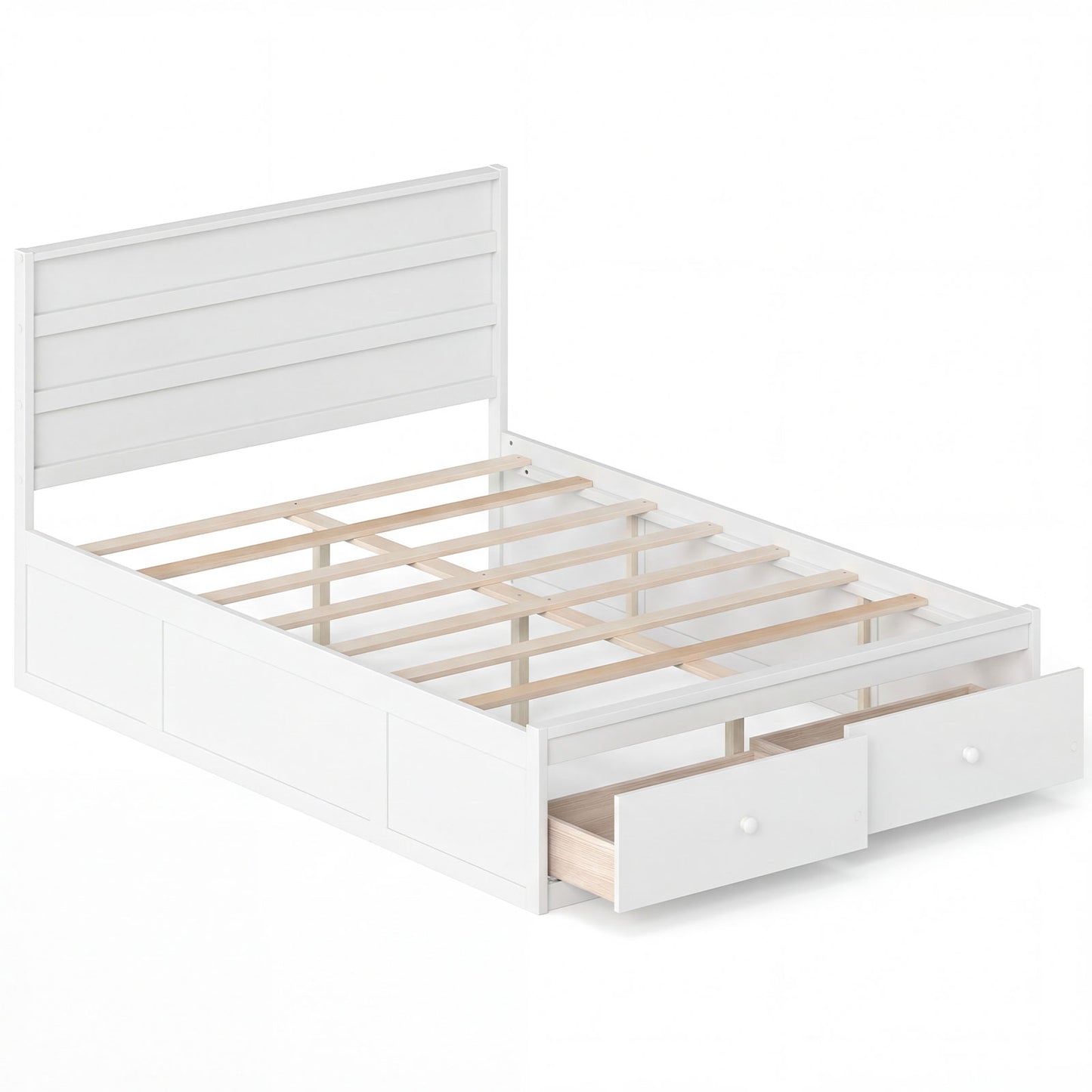 Full Size Wooden Platform Bed With Storage Drawers, White Simple Bed Frame at Gallery Canada