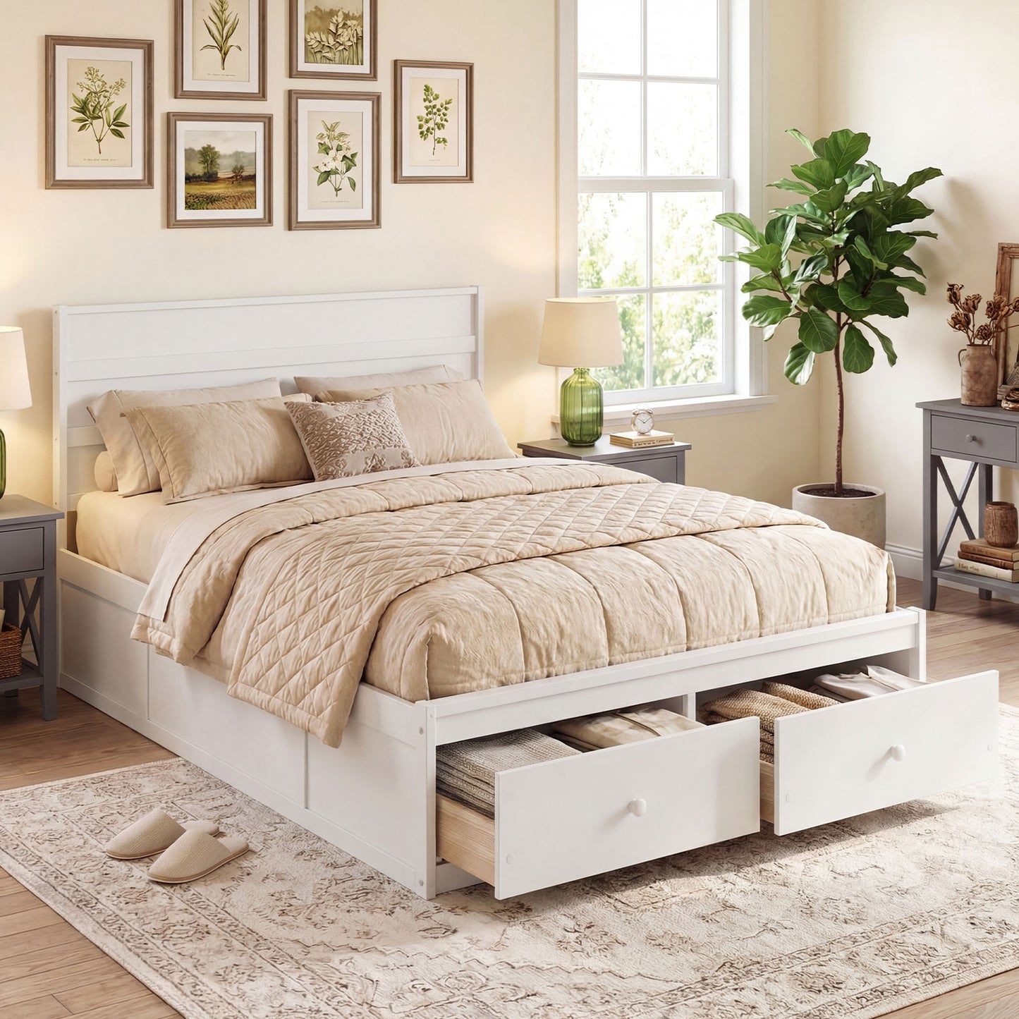 Full Size Wooden Platform Bed With Storage Drawers, White Simple Bed Frame at Gallery Canada