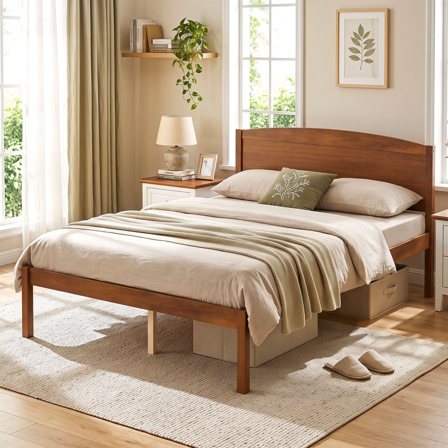 Full Size Wooden Platform Bed Frame, Curved Headboard, Walnut Beds & Bed Frames at Gallery Canada