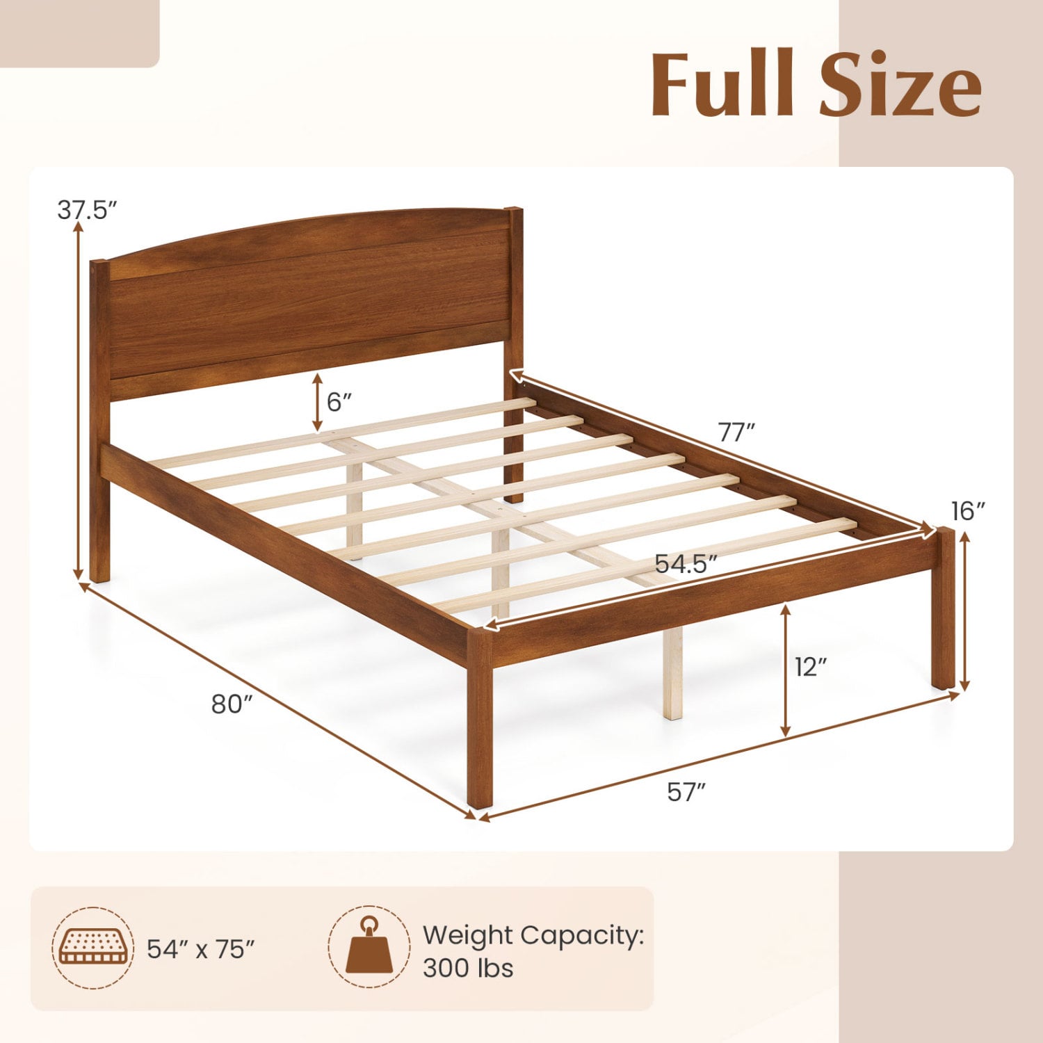 Full Size Wooden Platform Bed Frame, Curved Headboard, Walnut Beds & Bed Frames at Gallery Canada
