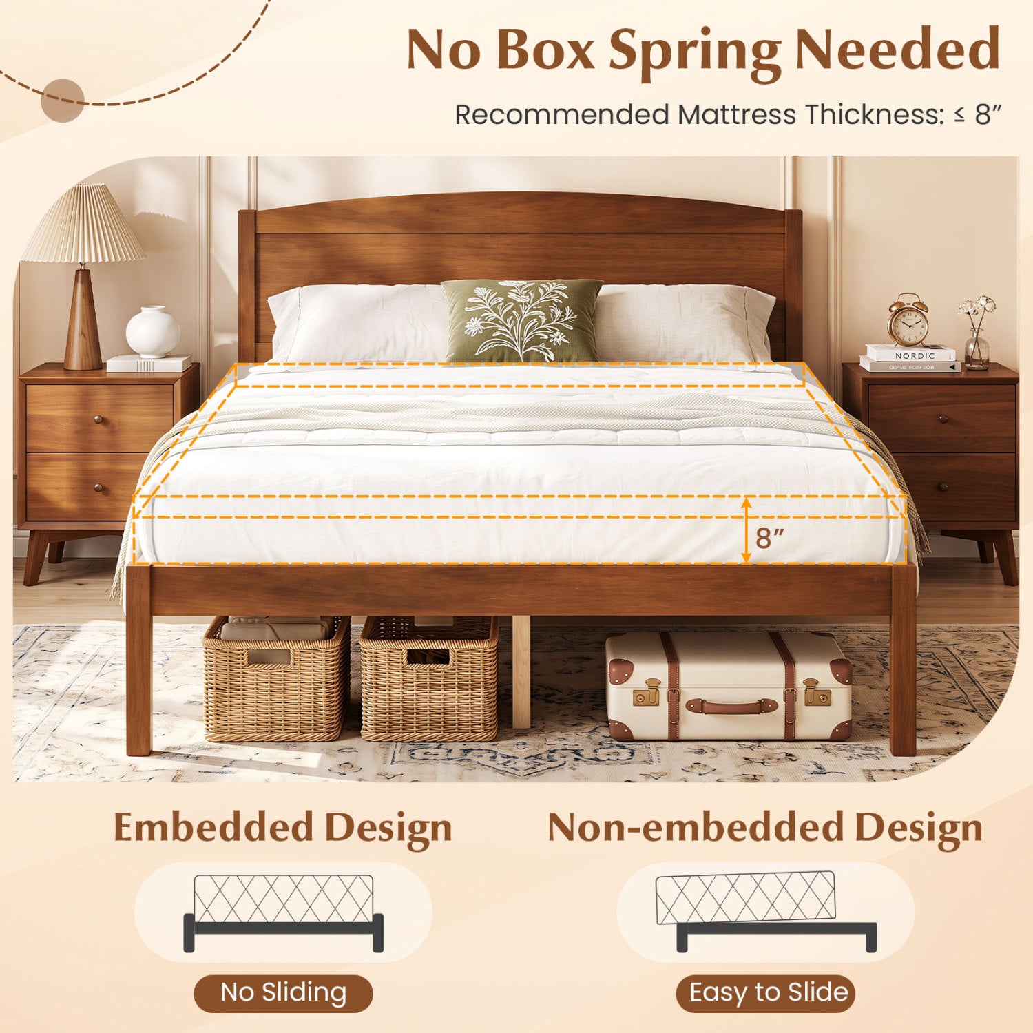 Full Size Wooden Platform Bed Frame, Curved Headboard, Walnut Beds & Bed Frames at Gallery Canada