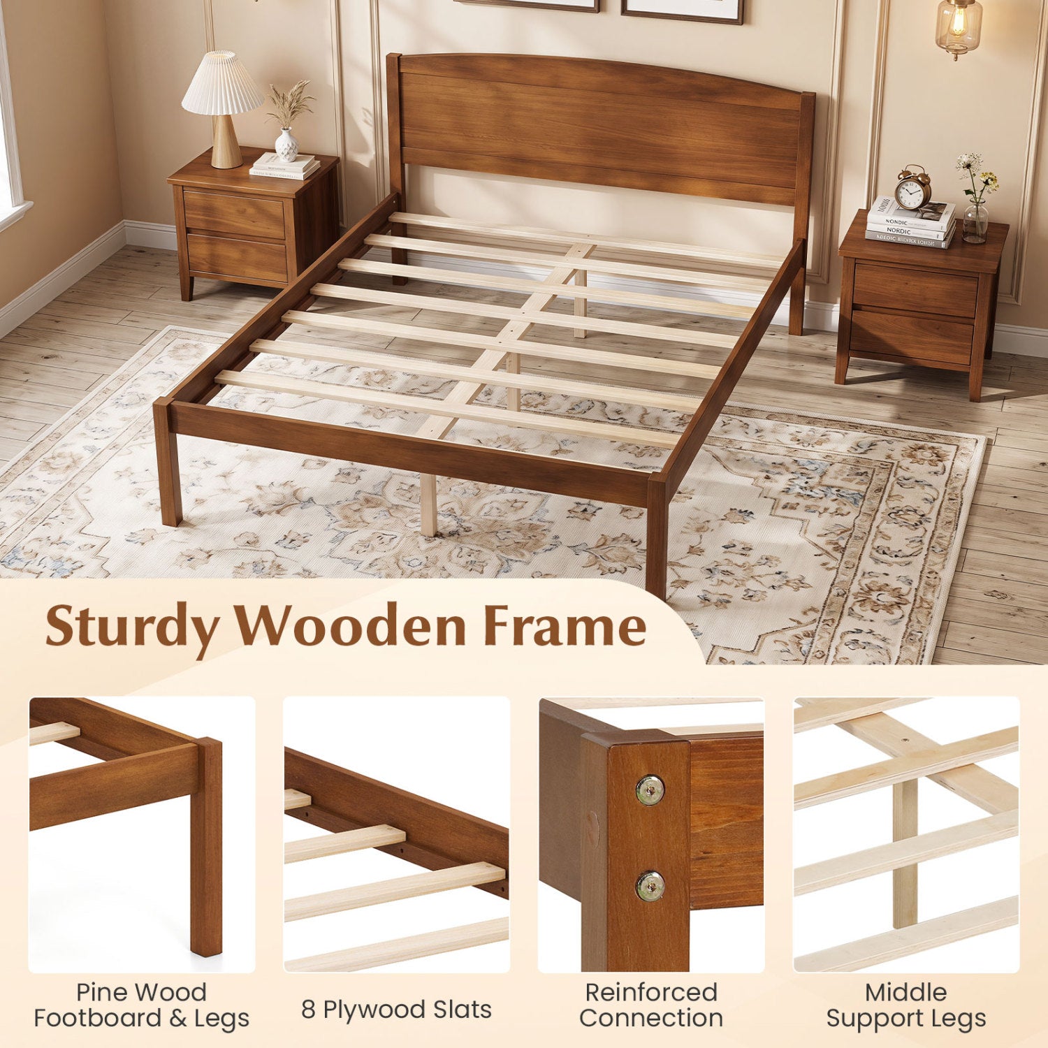 Full Size Wooden Platform Bed Frame, Curved Headboard, Walnut Beds & Bed Frames at Gallery Canada