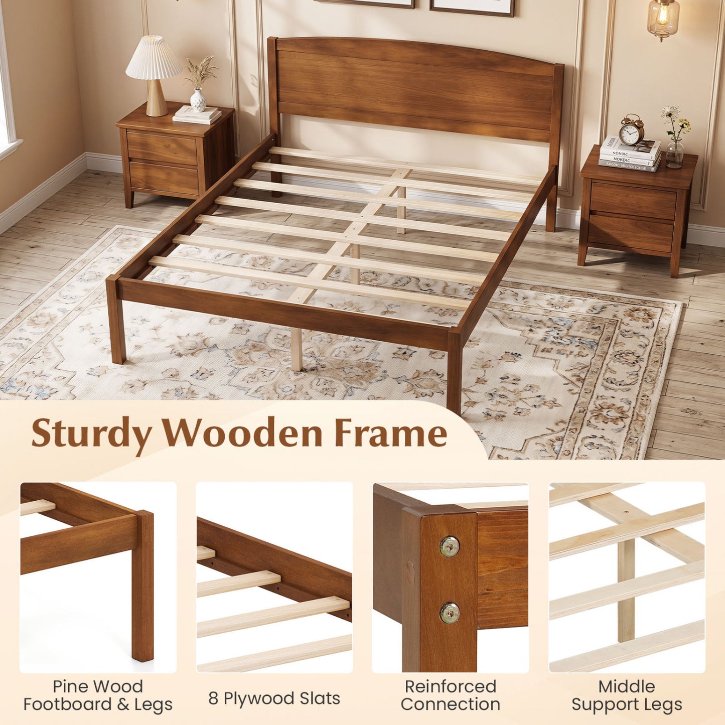 Full Size Wooden Platform Bed Frame, Curved Headboard, Walnut Beds & Bed Frames at Gallery Canada