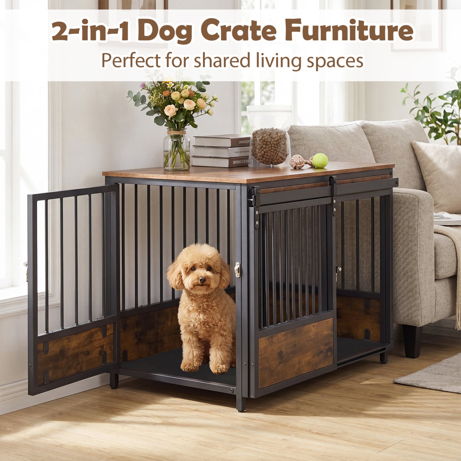 Furniture Dog Crate, 2 Doors, Safety Latch, Dog Mat, Rustic Brown Dog Kennels at Gallery Canada