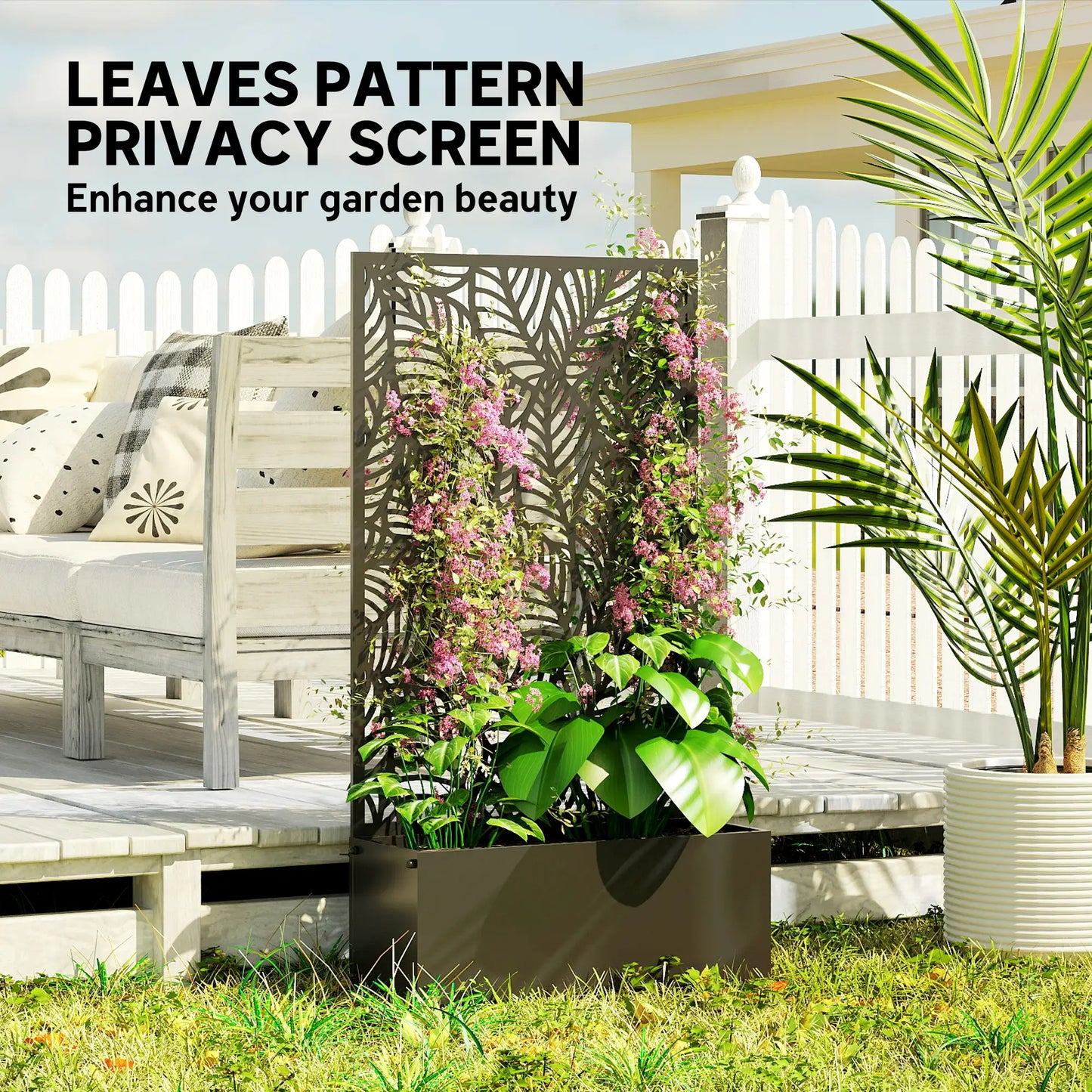 Metal Planter Box With Trellis, 44.5" Raised Garden Bed, Leaves Cut-Out Galvanized Planter Boxes at Gallery Canada