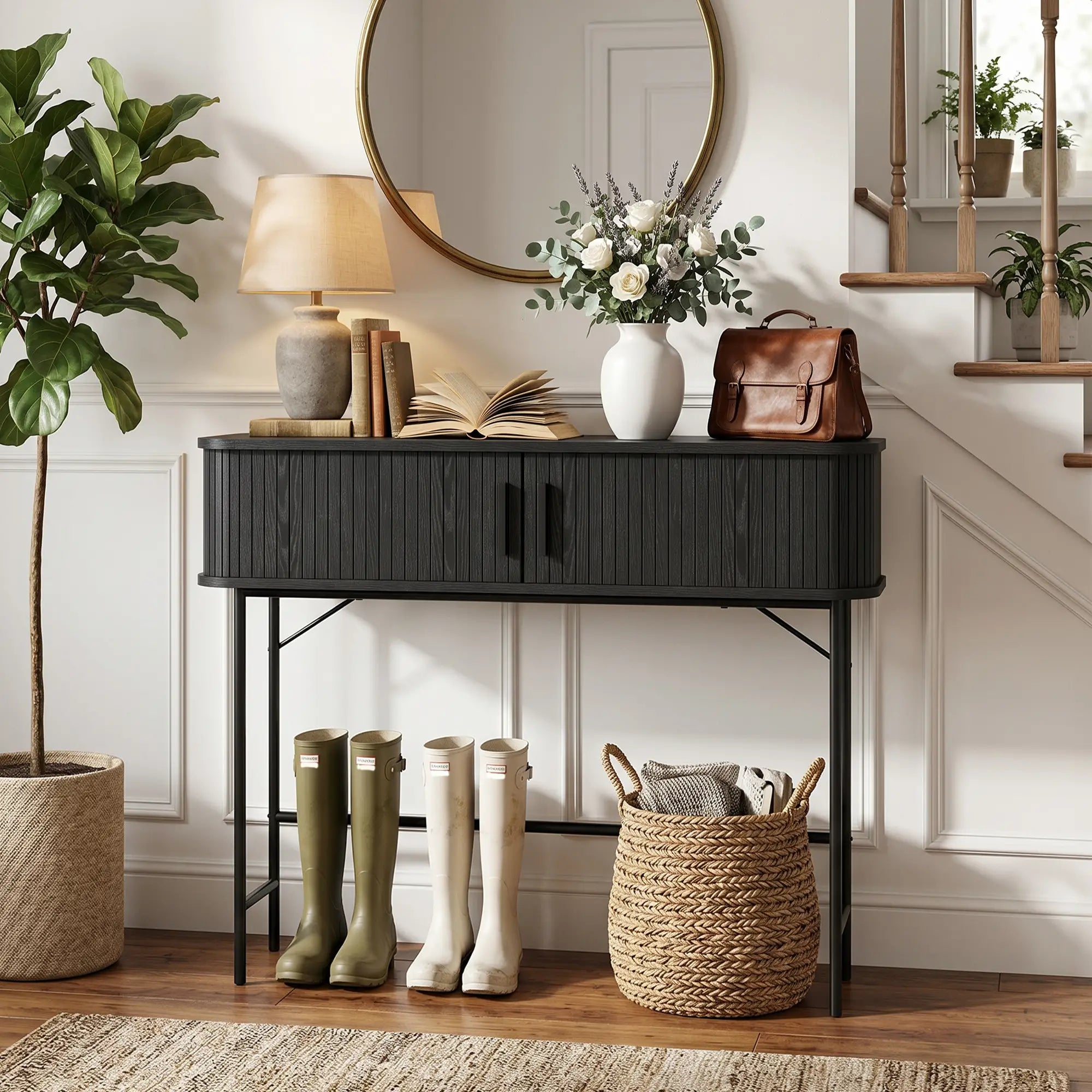 Mid-Century Console Table, Narrow Entryway Table with Storage, Black Console Tables at Gallery Canada