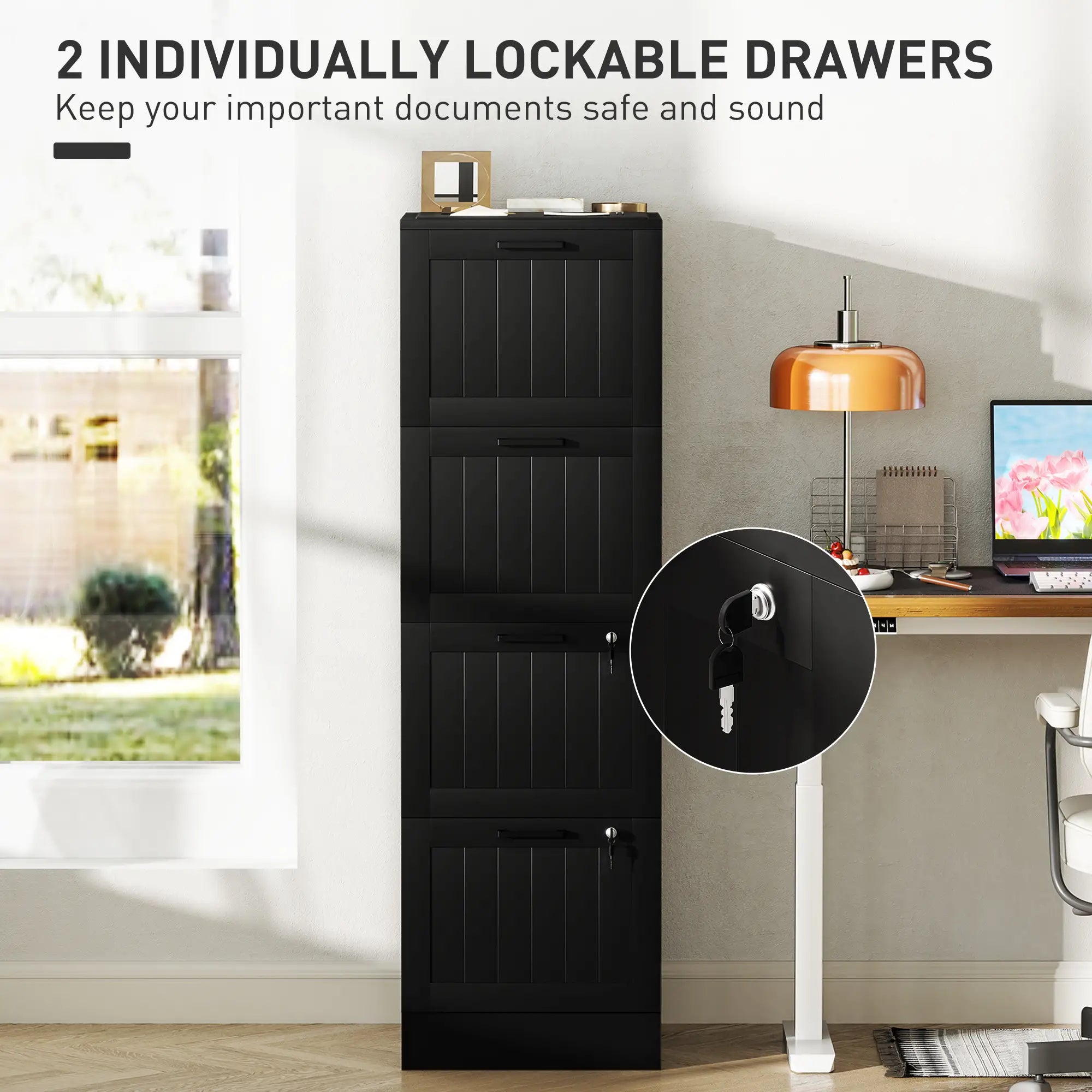 4 Drawer Filing Cabinet with Lock, Adjustable Hanging Bars, Black Office Cabinets & Cupboards at Gallery Canada
