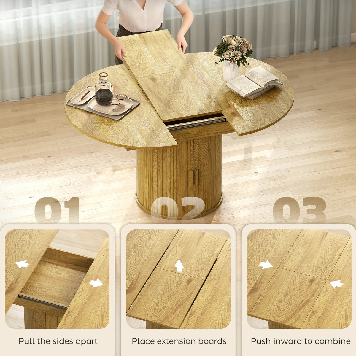 Extendable Dining Table For 6, 60", Natural, Farmhouse Kitchen Table With Storage, Natural Dining Tables at Gallery Canada