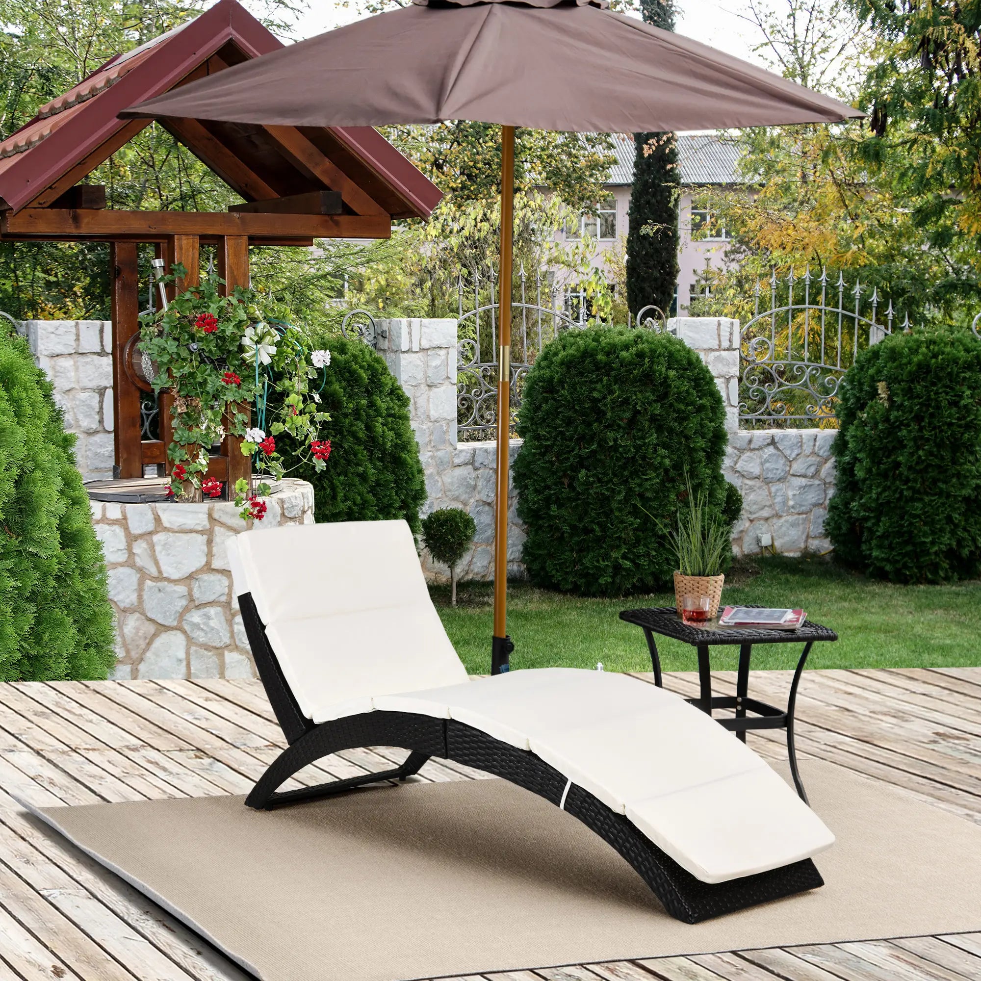 Foldable Rattan Chaise Lounge, Reclining Backrest, PE Wicker, Outdoor, Beige Chaise Loungers at Gallery Canada