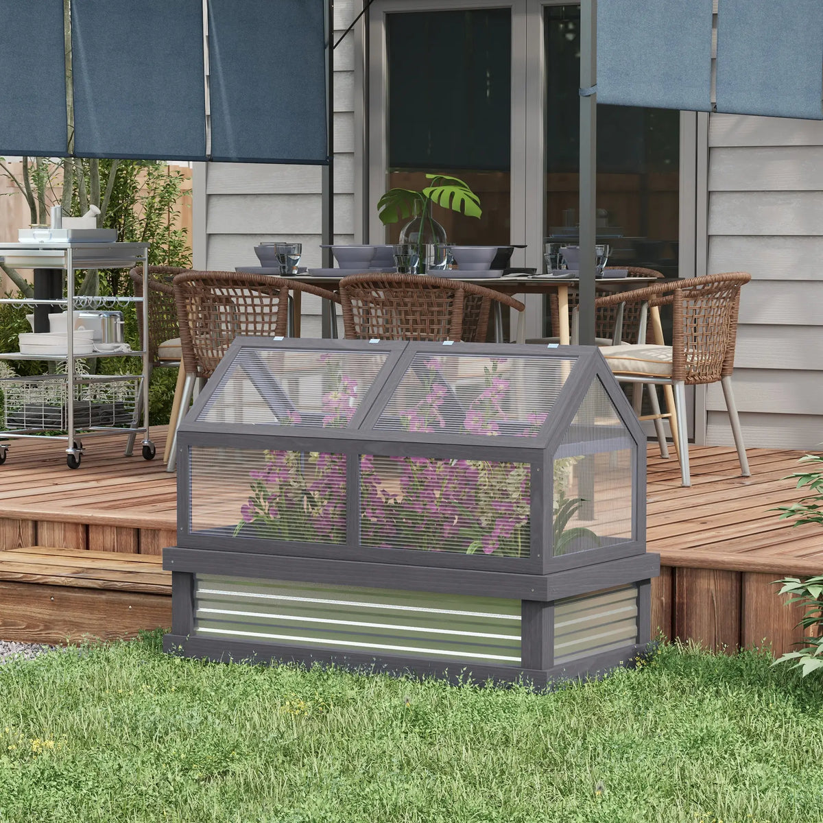 Raised Garden Bed Kit With Greenhouse, Wooden Cold Frame Planter, 48" x 24" x 32", Grey Cold Frame Greenhouses at Gallery Canada